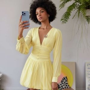 Cider Deep V Yellow Mini Dress